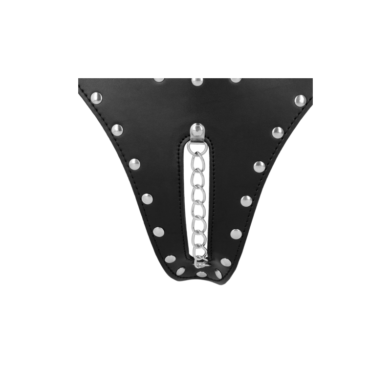 PU Leather Chastity Thong with Chain Detail - Black