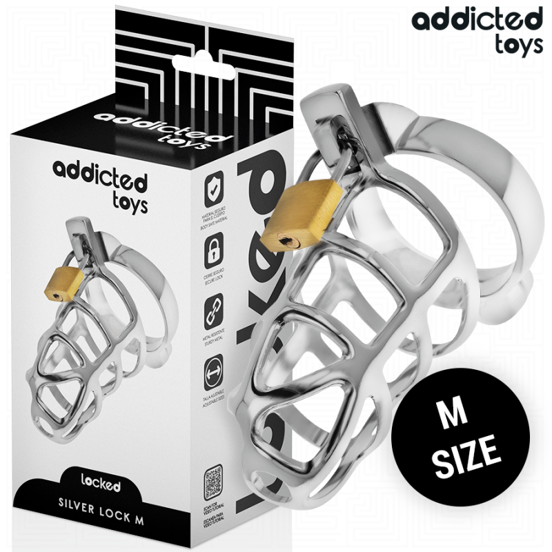 ADDICTED TOYS | LOCKED | Silver Lock - Metal Cock Cage - Medium