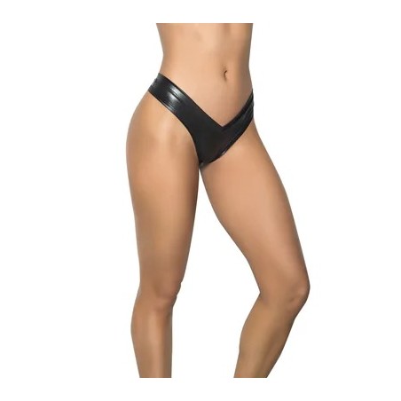 High Leg Shiny Thong - Wet Look - Μαύρο