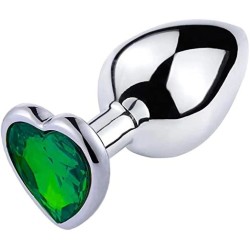 Hearty Buttplug - Silver Anal Plug with Dark Green Heart Jewel - Small