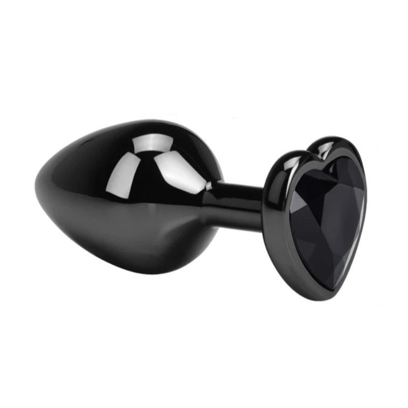 Dark Metal Anal Plug Medium All Black with Heart Crystal