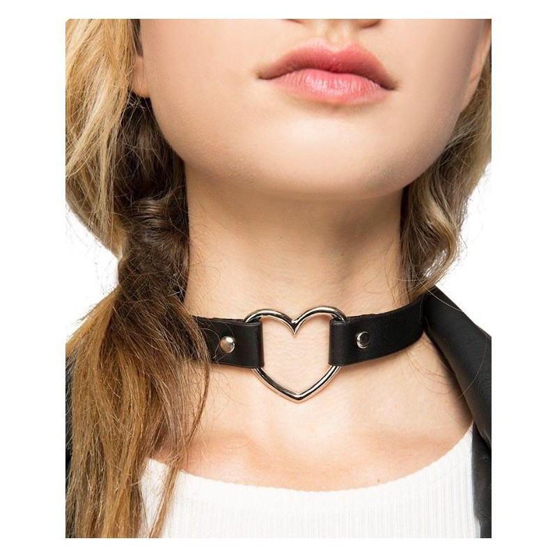 Heart Choker Eco-Leather Collar with Metal Heart Ring Black