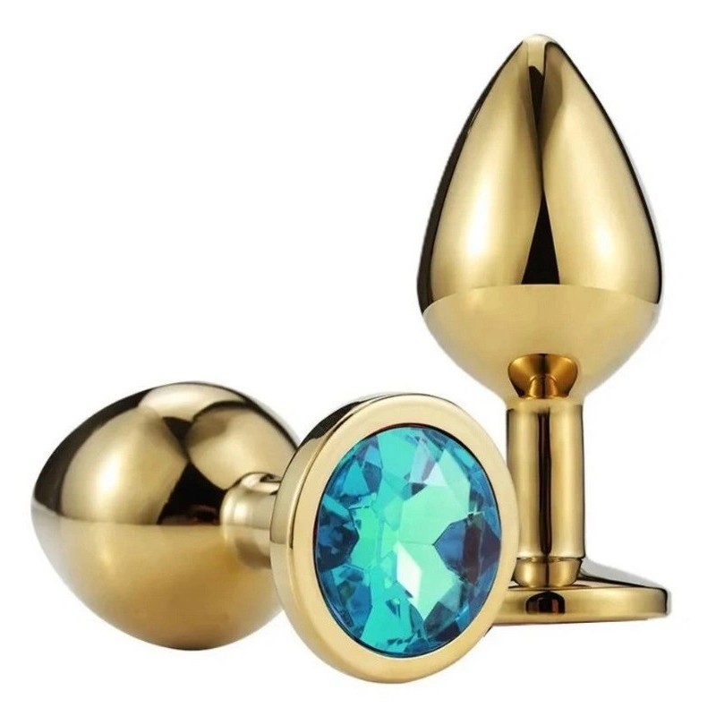 Passion Labs Metallic Butt Plug, Large, Gold / Light Blue Crystal