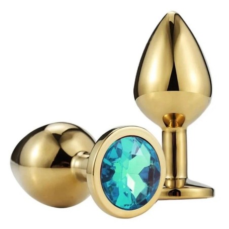Passion Labs Metallic Butt Plug, Large, Gold / Light Blue Crystal