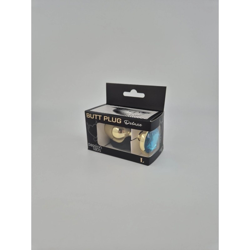 Passion Labs Metallic Butt Plug, Large, Gold / Light Blue Crystal