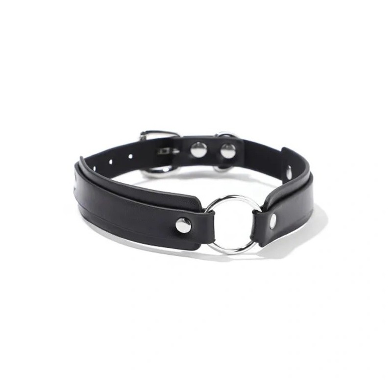 Fetish Love Eco-Leather Choker Collar with Metal Ring Black