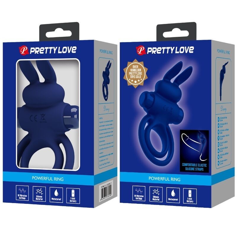 Pretty Love Darey Double Vibrating Cock Ring with Rabbit Stimulator - Blue
