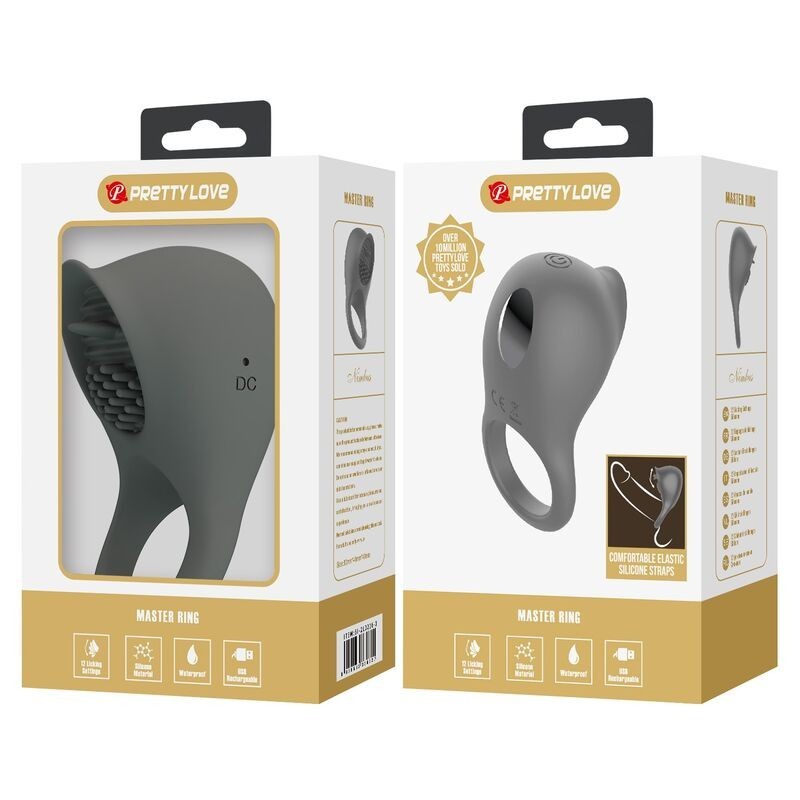 Pretty Love Rechargeable Vibrating Cock Ring with Oral Stimulator - Grey
