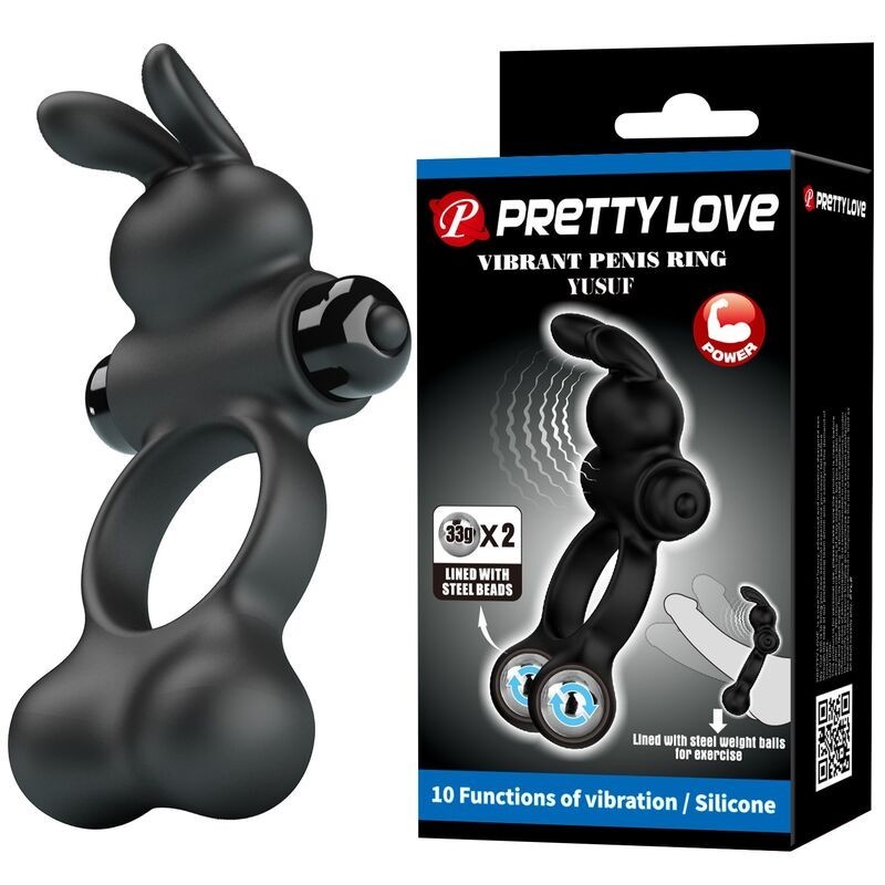Pretty Love Vibrating Cock Ring with Bunny Stimulator 10 Functions - Black
